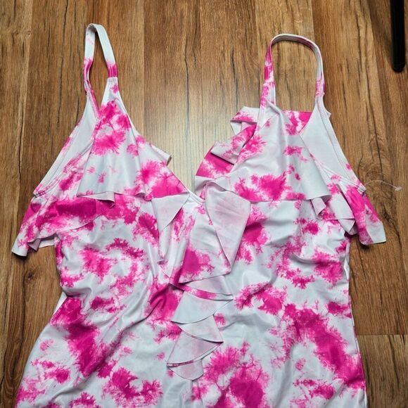 Tie-Dye Pink Ruffle One-Piece Swimsuit Womens 3XL Nova Swim NEW - Picture 3 of 5